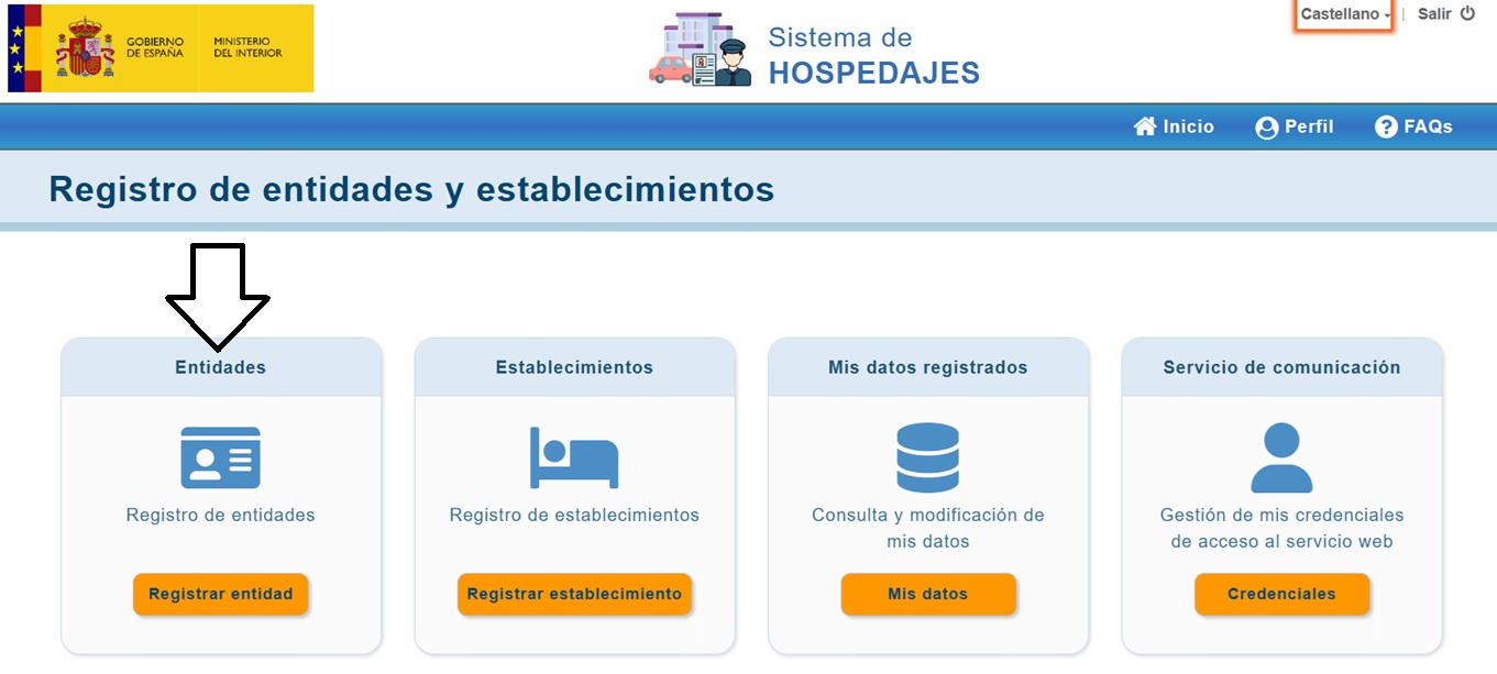 Registro de entidades y establecimientos: tarjeta «Entidades → Registrar entidad»