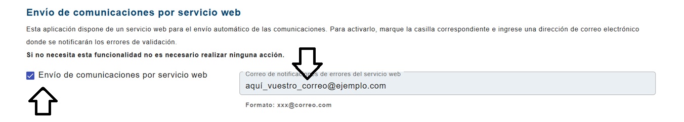 Casilla «Envío de comunicaciones por servicio web» con el correo para avisos de errores de validación