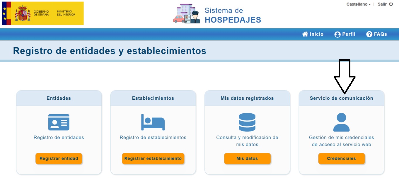 Tarjeta «Servicio de comunicación → Credenciales» en el registro de Hospedajes