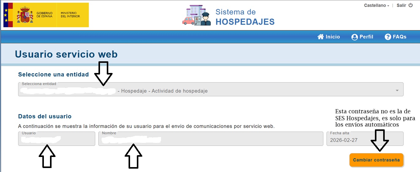 Pantalla «Usuario servicio web»: entidad, usuario y botón «Cambiar contraseña»