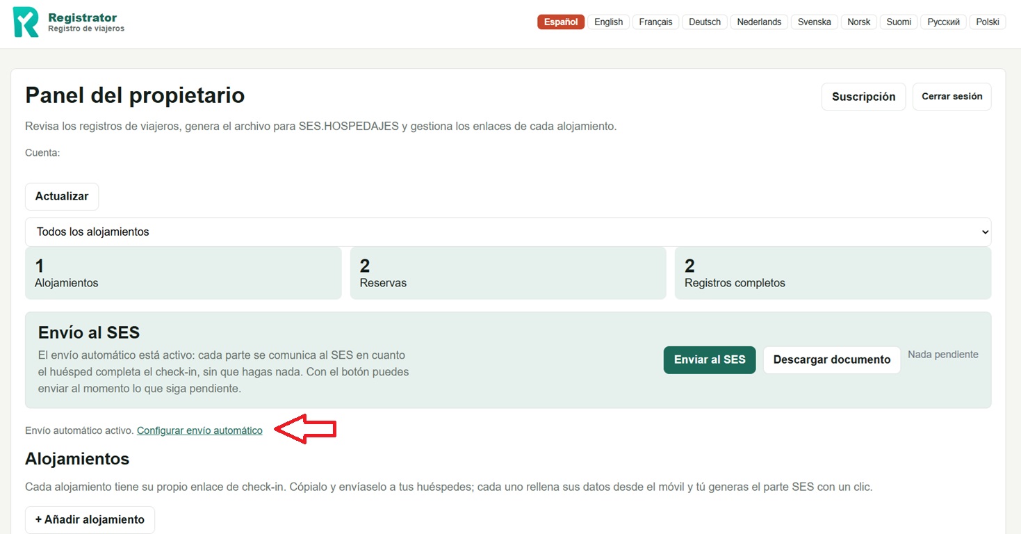 Panel de Registrator: enlace «Configurar envío automático» bajo el bloque «Envío al SES»