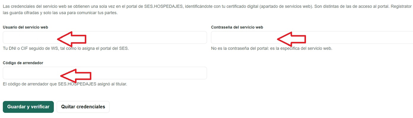 Formulario de credenciales en Registrator: usuario del servicio web, contraseña y código de arrendador, con el botón «Guardar y verificar»